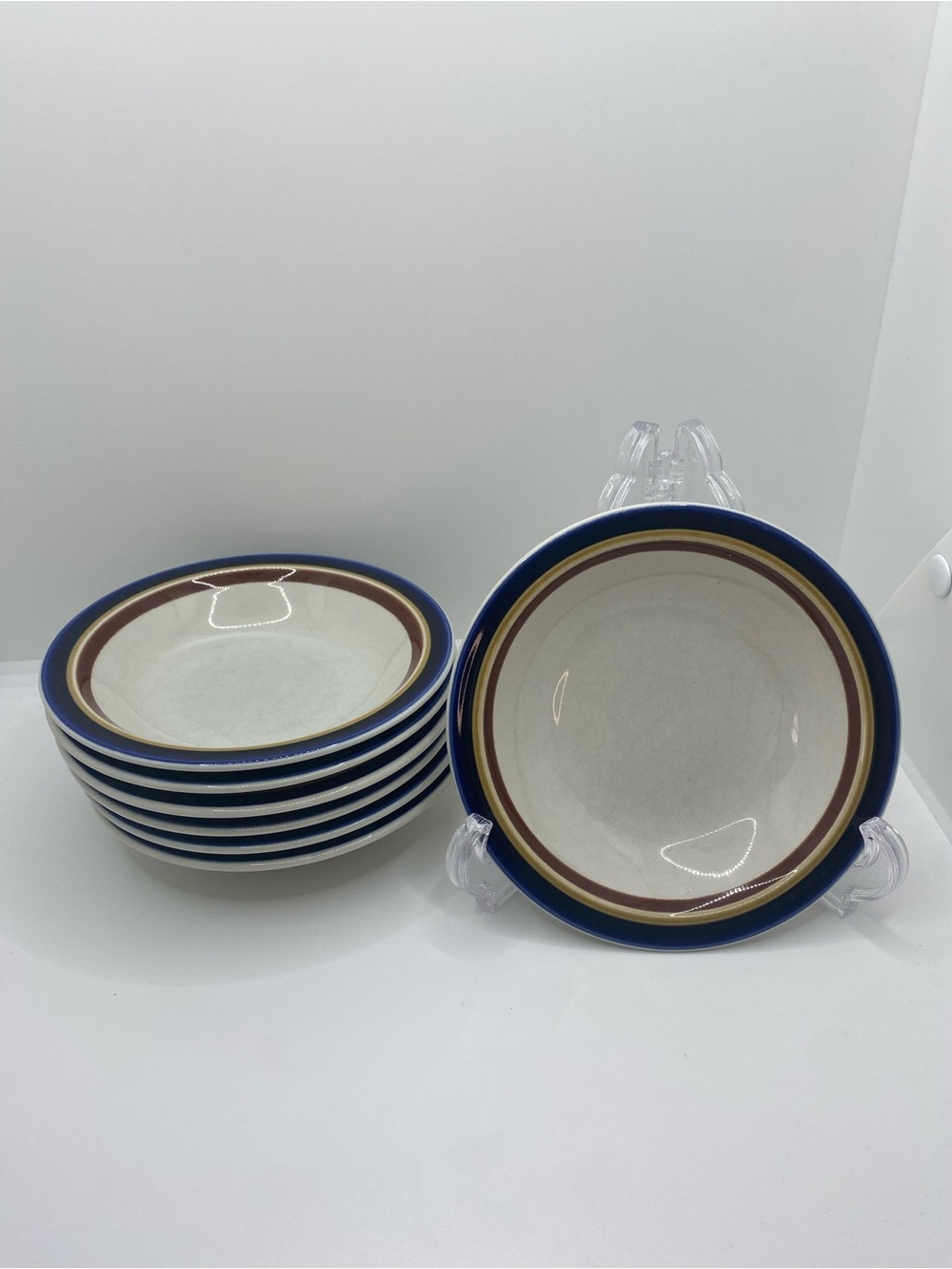 Vtg Imperial Mikasa Stoneware Small Bowls Japan Blue Brown Stripe 5.5" Set of 7